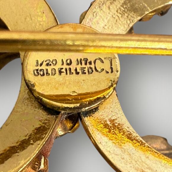 Vintage C.T. 1/20 10KT Gold Filled Double Circle Brooch Pink & Clear Rhinestones - Picture 5 of 8